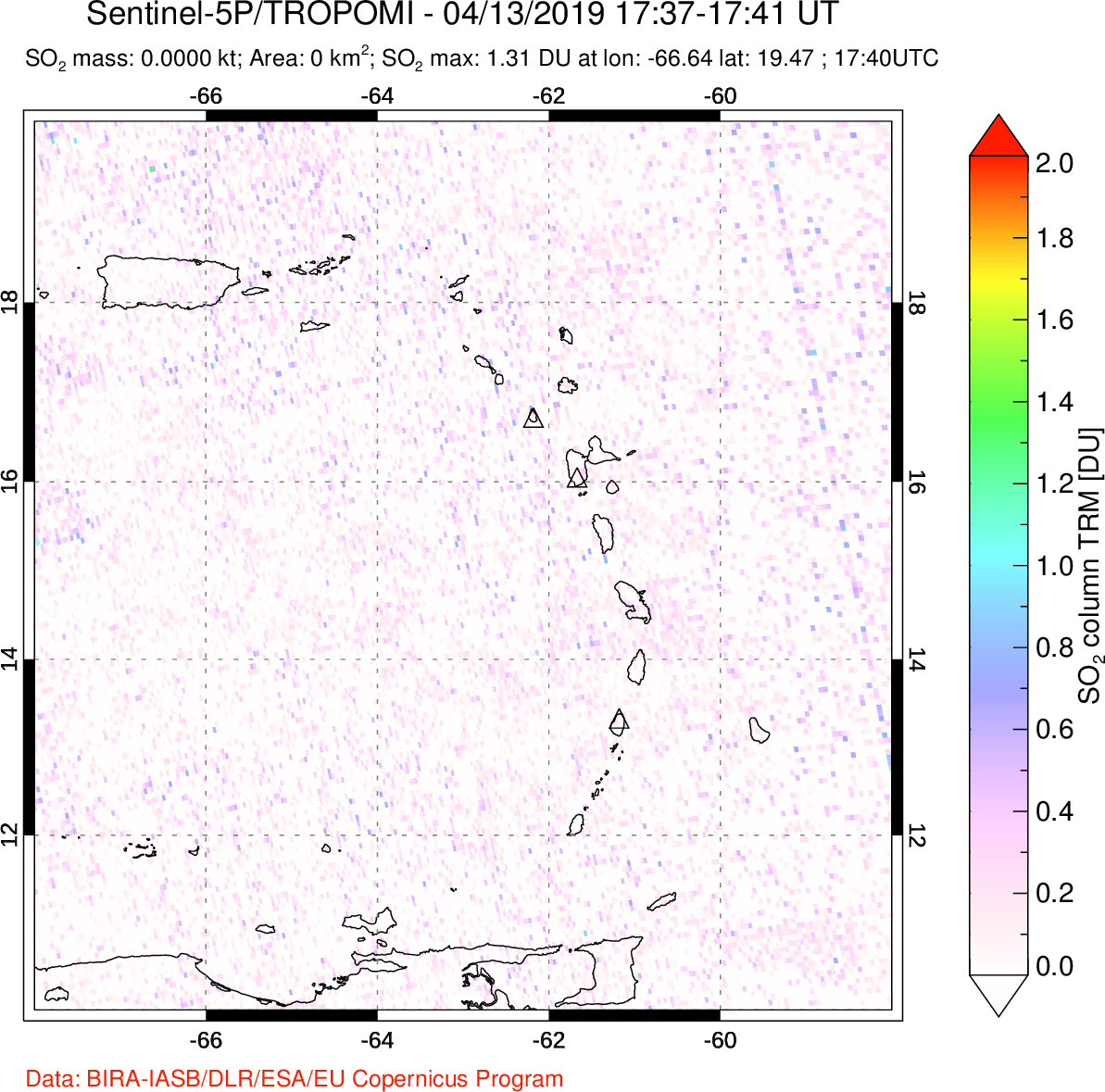 A sulfur dioxide image over Montserrat, West Indies on Apr 13, 2019.