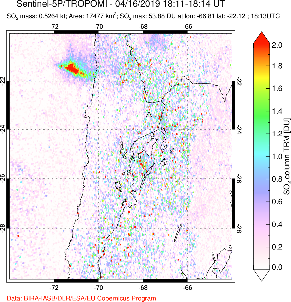 A sulfur dioxide image over Northern Chile on Apr 16, 2019.