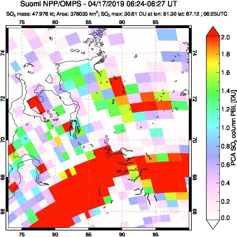 A sulfur dioxide image over Norilsk, Russian Federation on Apr 17, 2019.