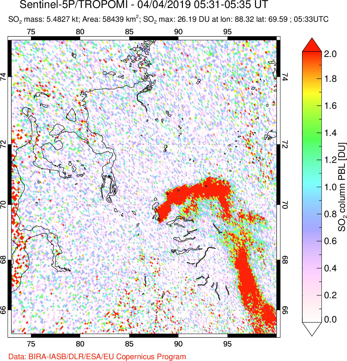 A sulfur dioxide image over Norilsk, Russian Federation on Apr 04, 2019.