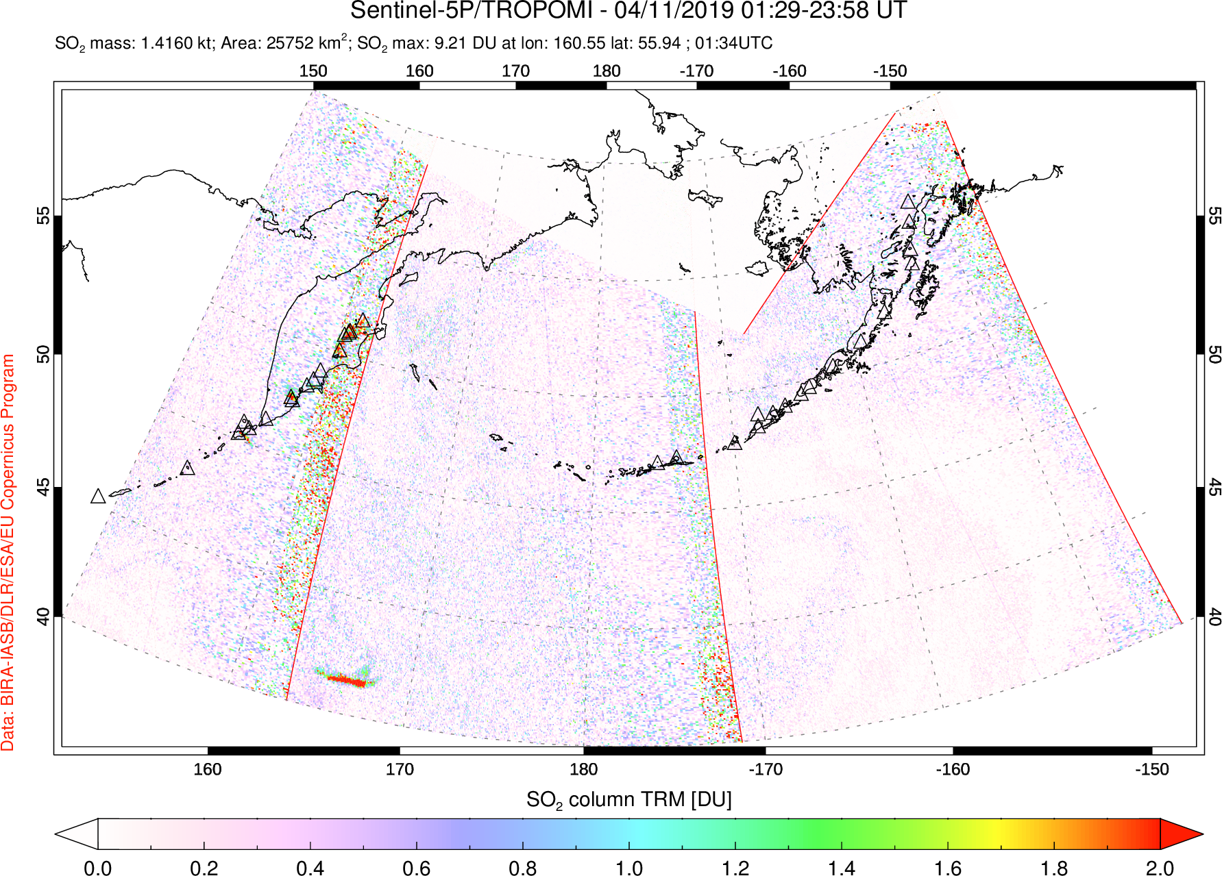 A sulfur dioxide image over North Pacific on Apr 11, 2019.