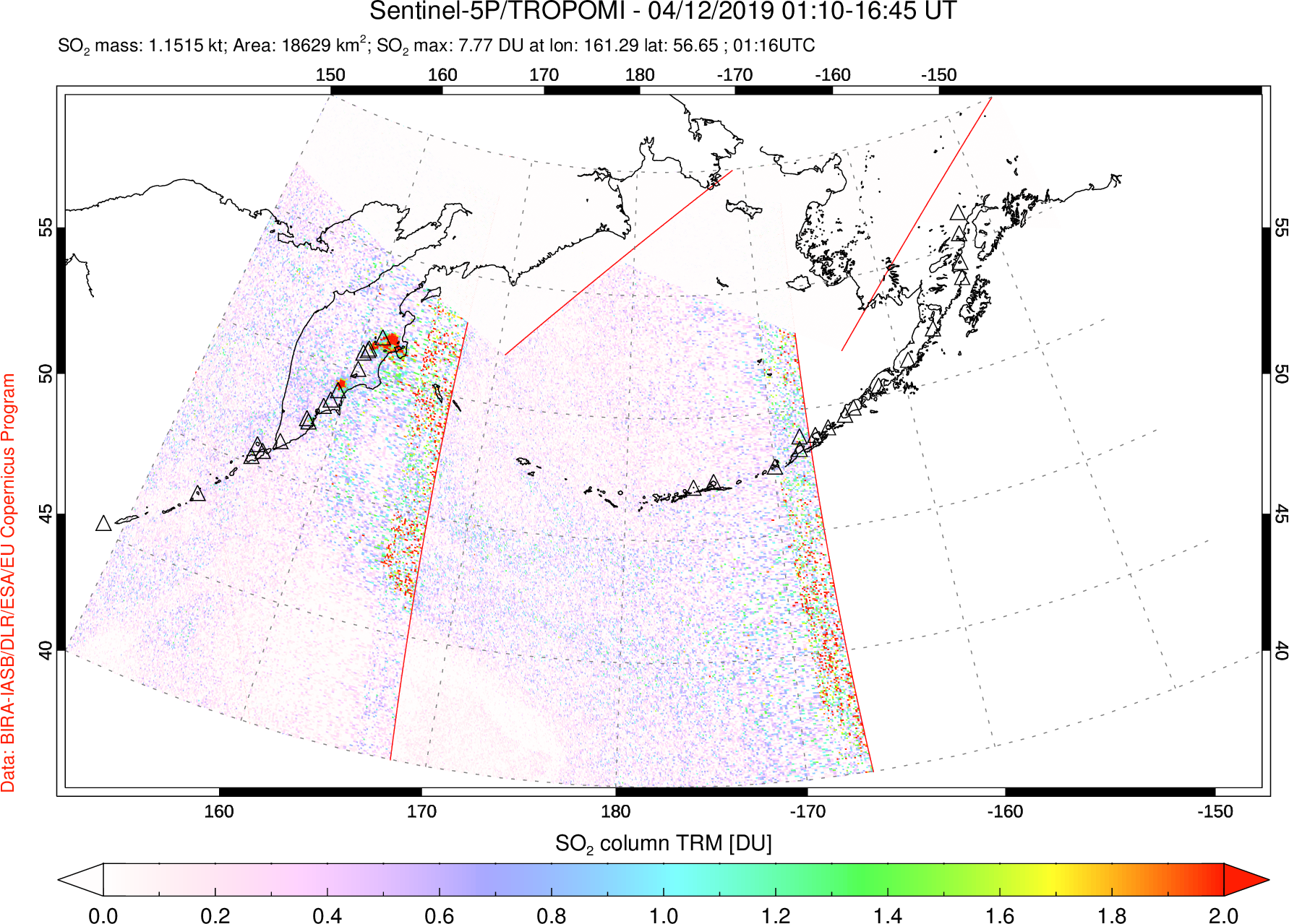 A sulfur dioxide image over North Pacific on Apr 12, 2019.
