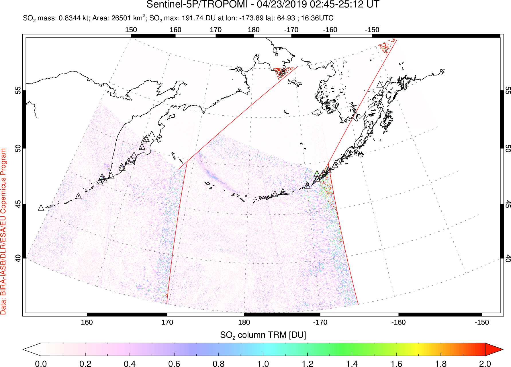 A sulfur dioxide image over North Pacific on Apr 23, 2019.