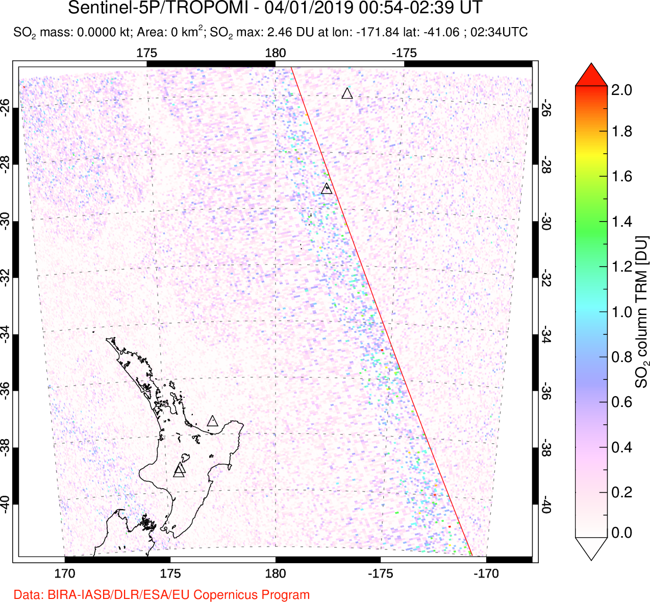 A sulfur dioxide image over New Zealand on Apr 01, 2019.