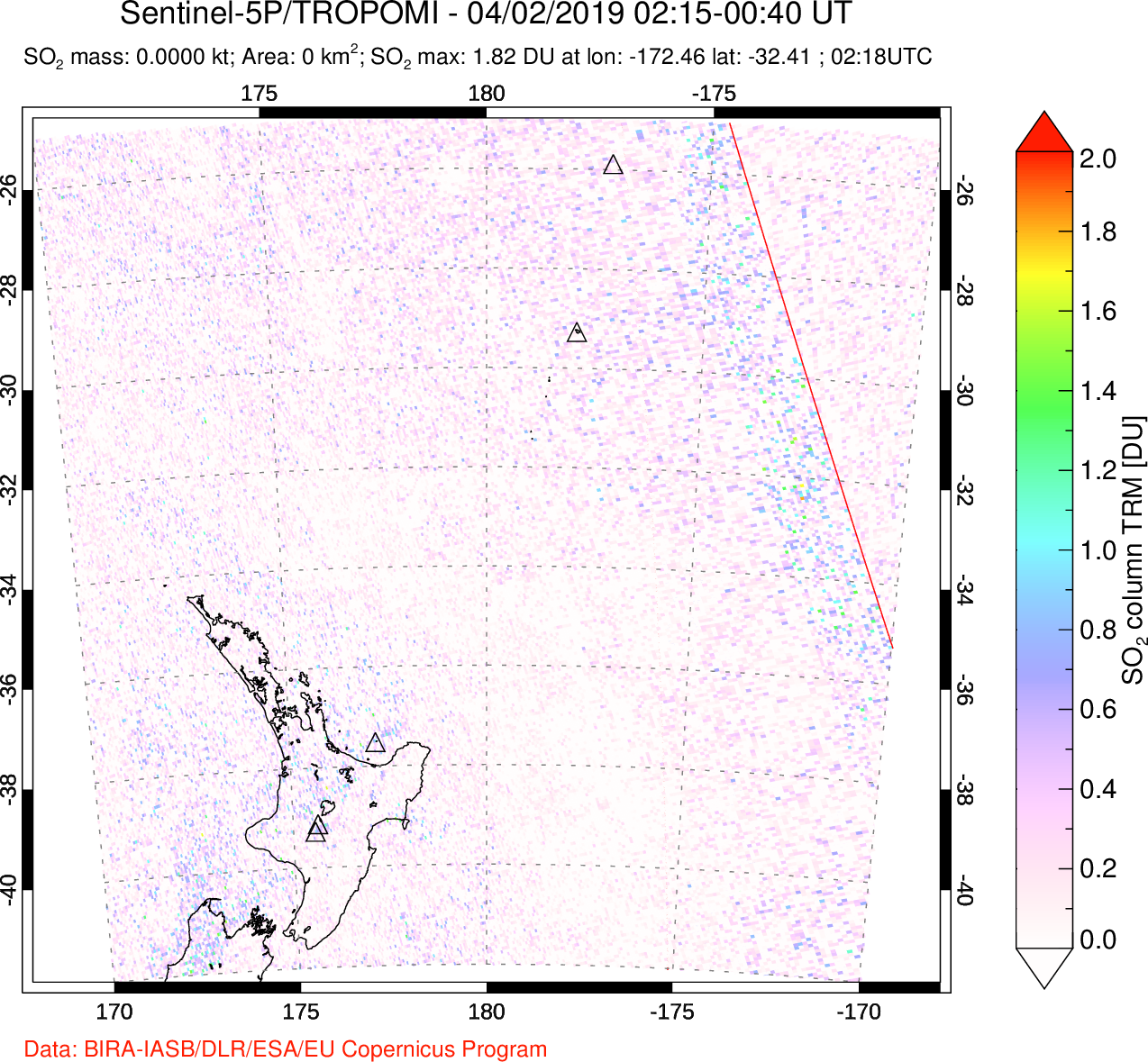 A sulfur dioxide image over New Zealand on Apr 02, 2019.