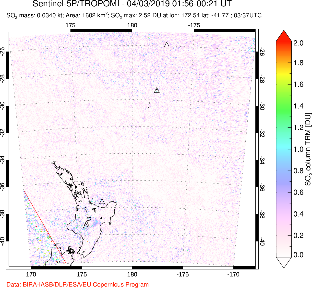 A sulfur dioxide image over New Zealand on Apr 03, 2019.