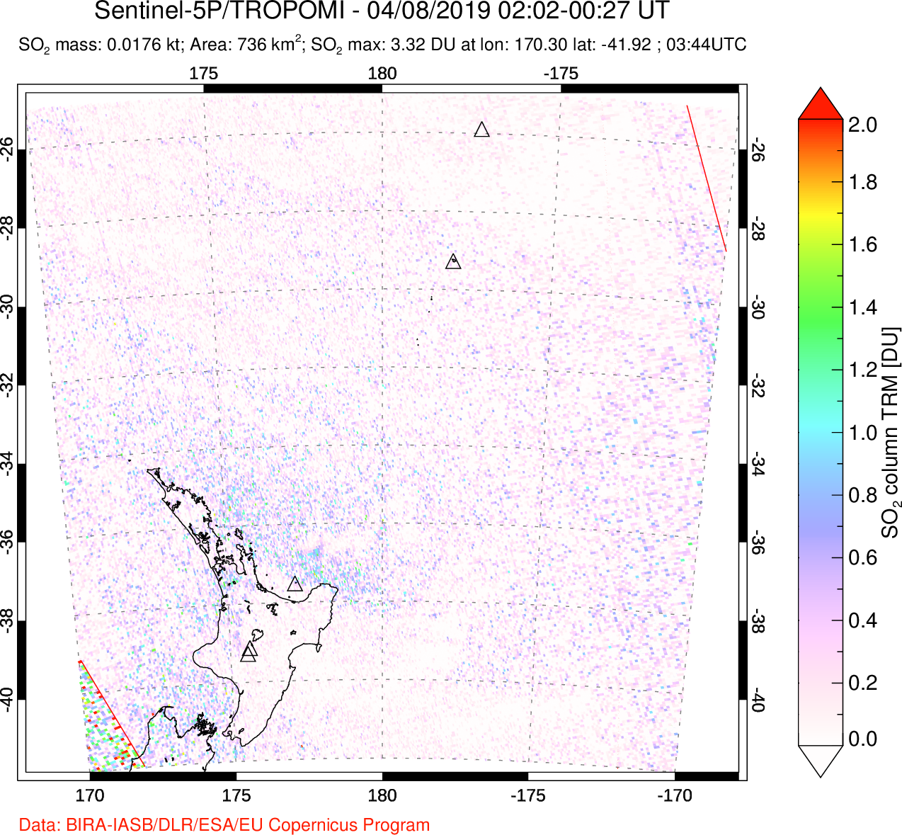 A sulfur dioxide image over New Zealand on Apr 08, 2019.