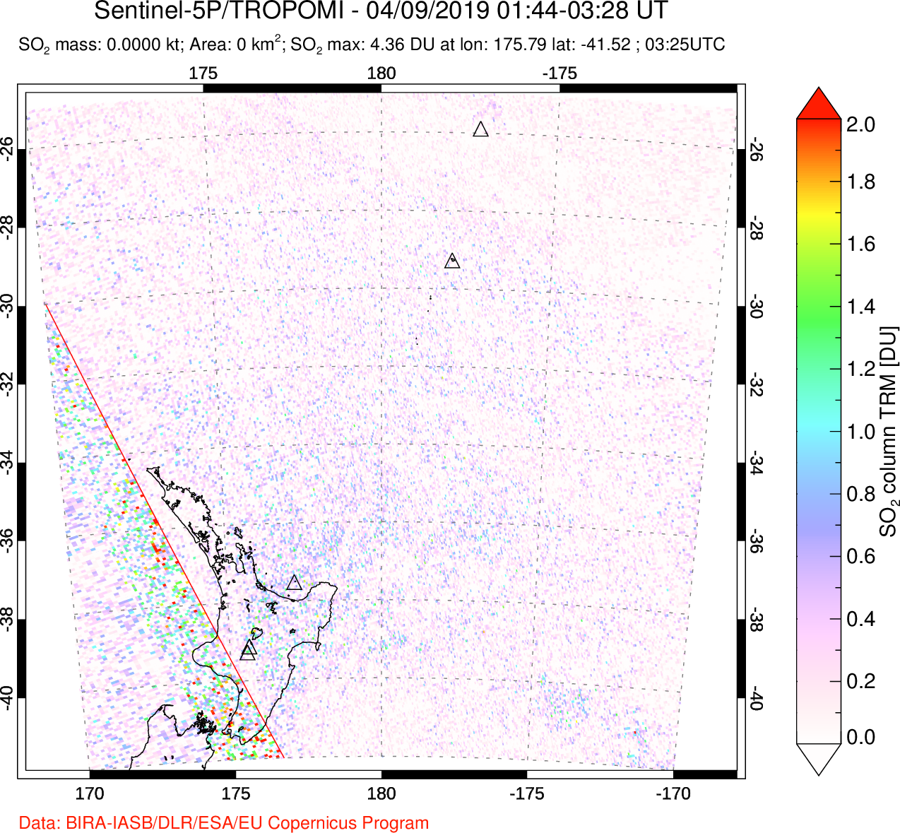 A sulfur dioxide image over New Zealand on Apr 09, 2019.
