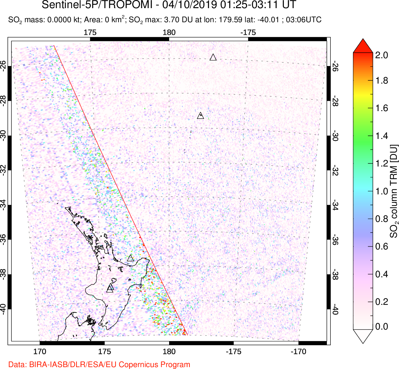 A sulfur dioxide image over New Zealand on Apr 10, 2019.