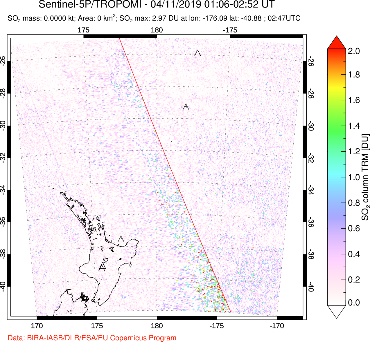 A sulfur dioxide image over New Zealand on Apr 11, 2019.