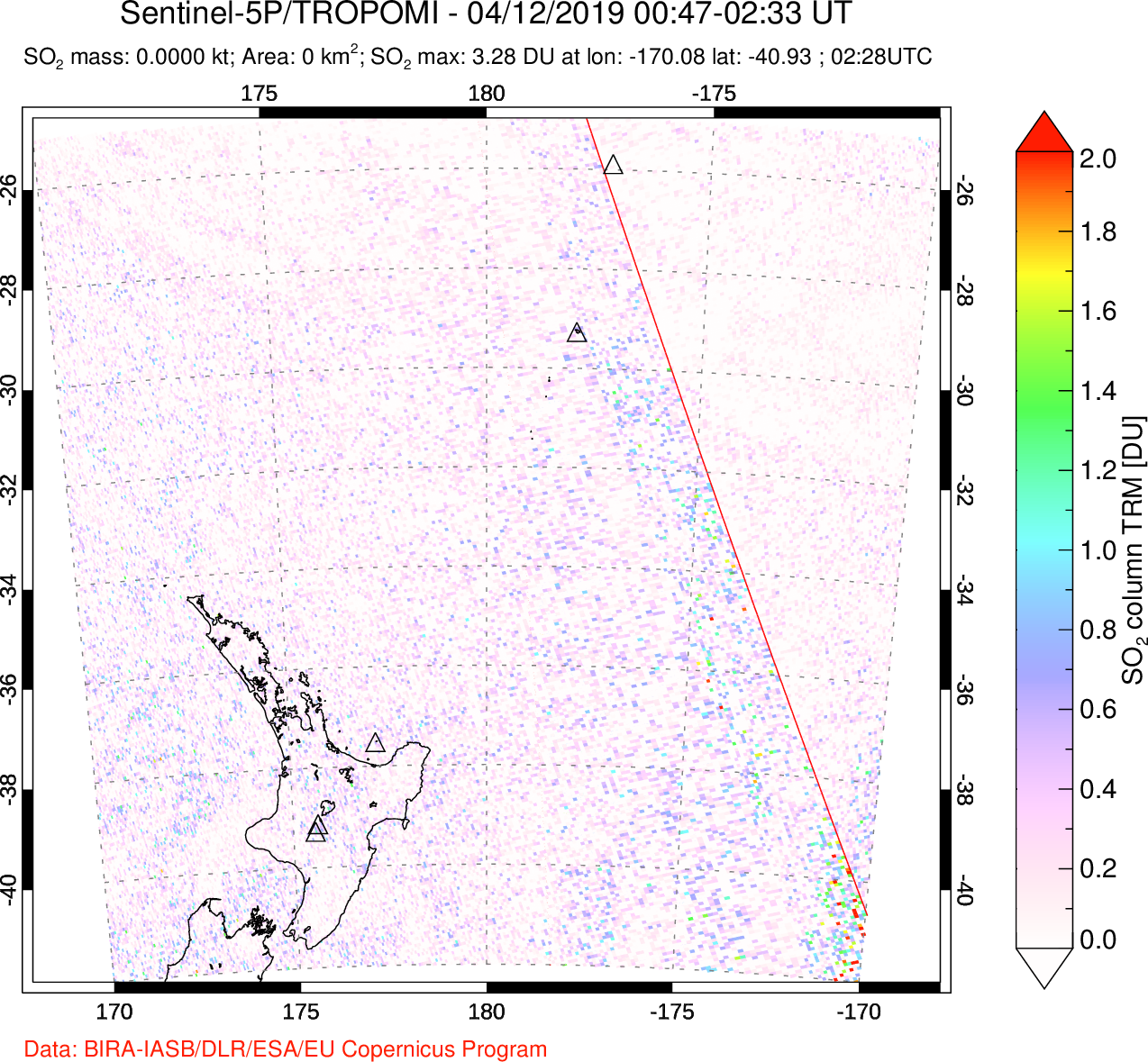 A sulfur dioxide image over New Zealand on Apr 12, 2019.