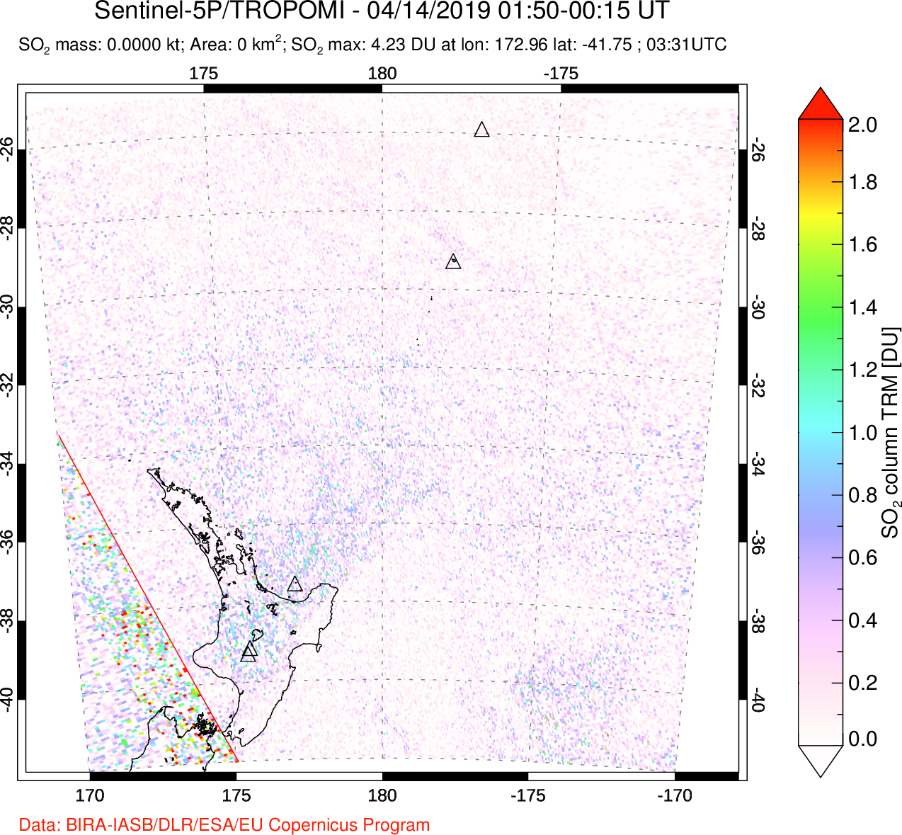 A sulfur dioxide image over New Zealand on Apr 14, 2019.
