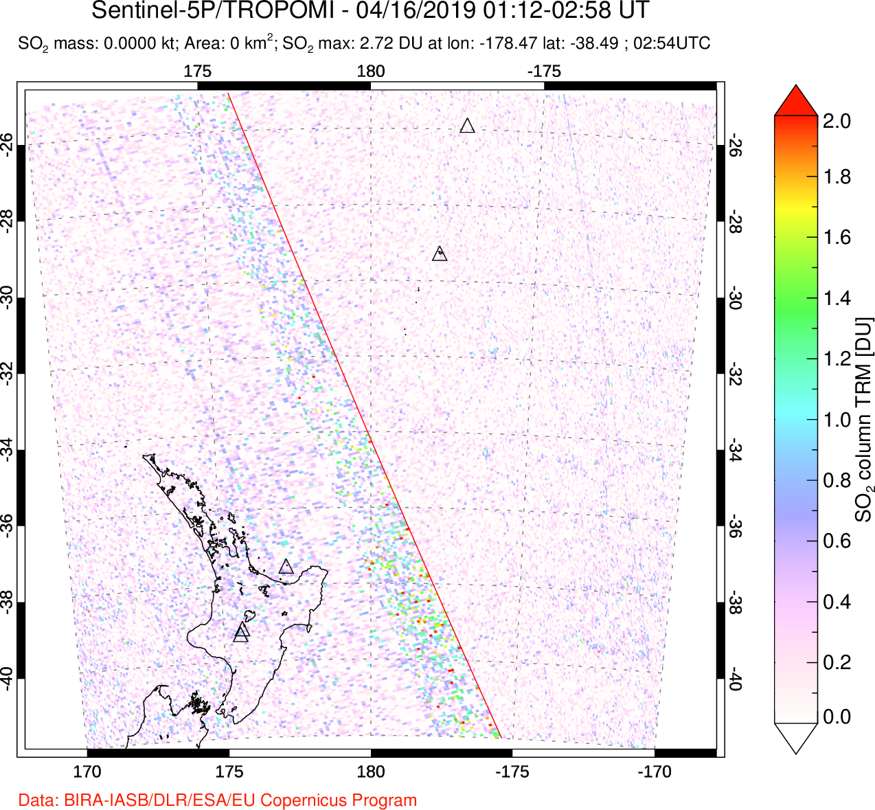 A sulfur dioxide image over New Zealand on Apr 16, 2019.