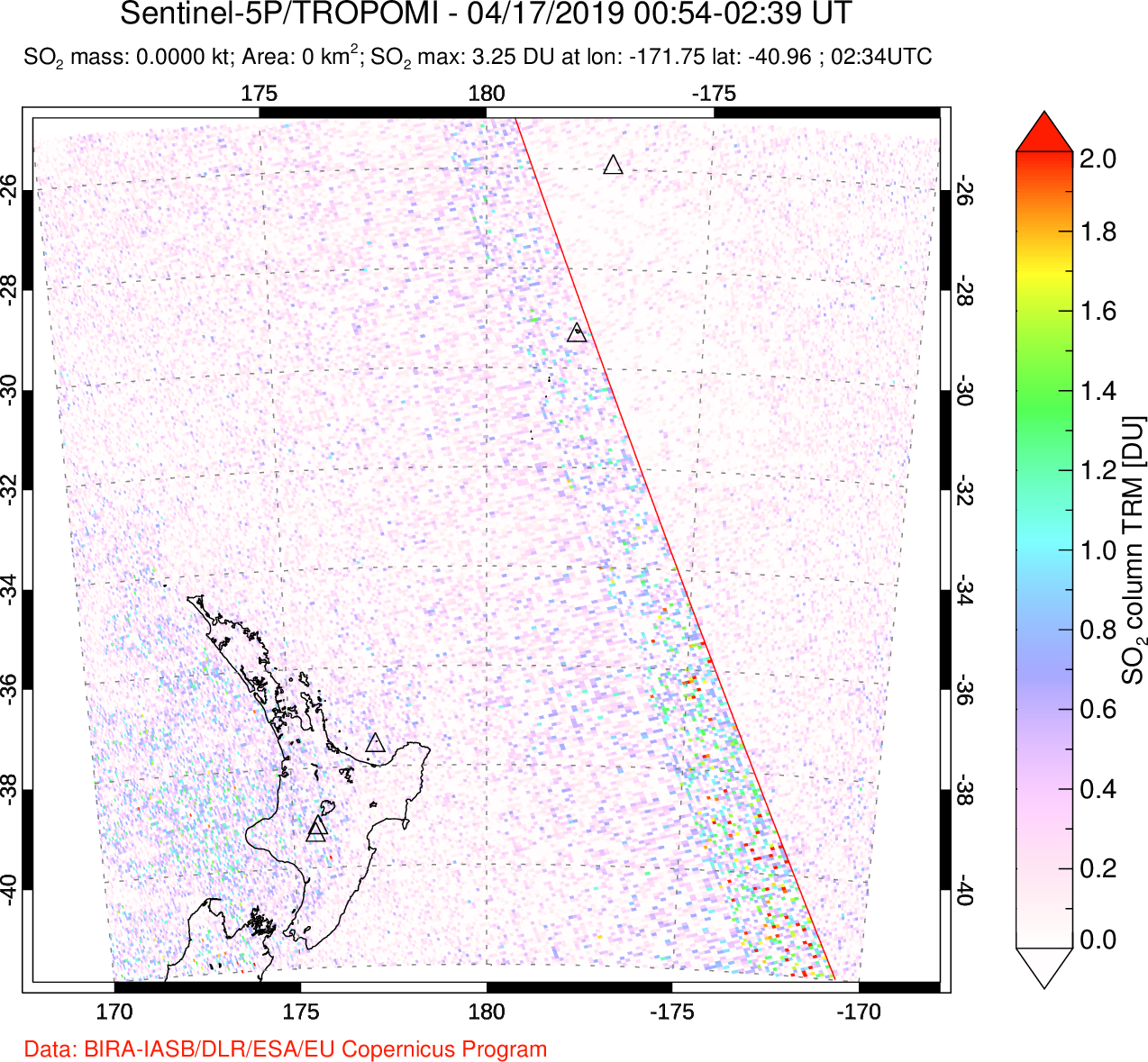 A sulfur dioxide image over New Zealand on Apr 17, 2019.