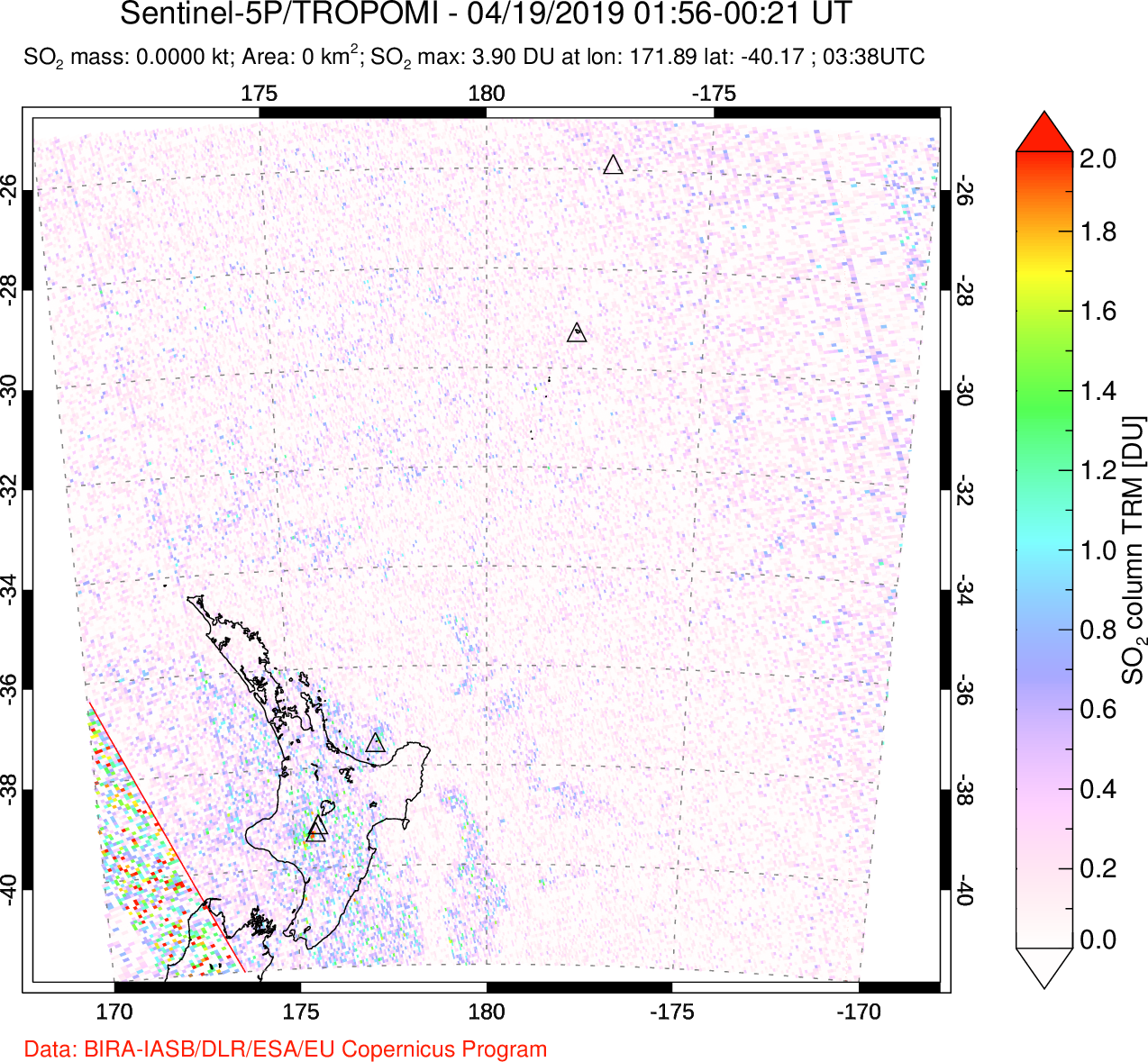 A sulfur dioxide image over New Zealand on Apr 19, 2019.
