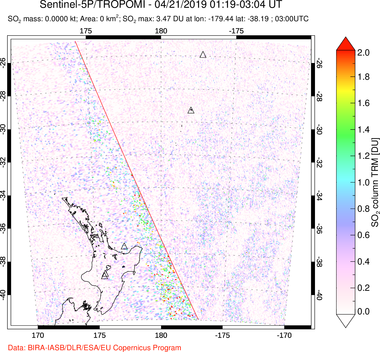 A sulfur dioxide image over New Zealand on Apr 21, 2019.
