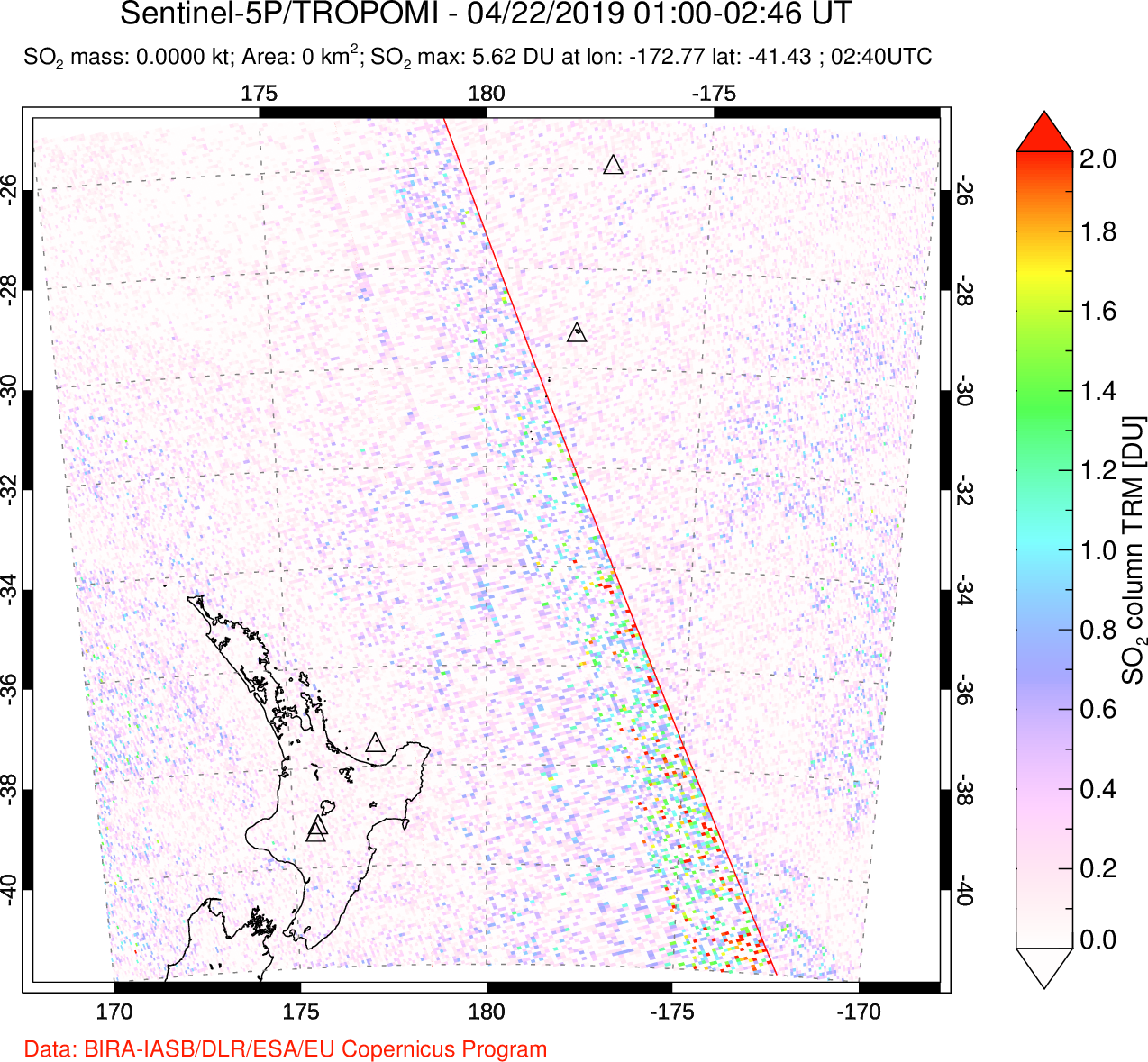 A sulfur dioxide image over New Zealand on Apr 22, 2019.