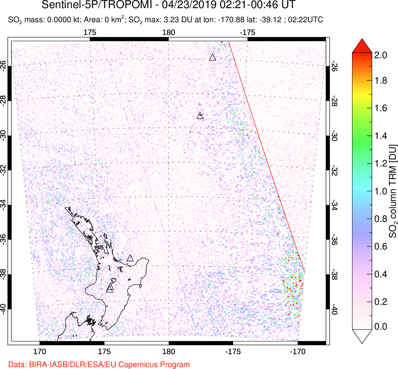 A sulfur dioxide image over New Zealand on Apr 23, 2019.