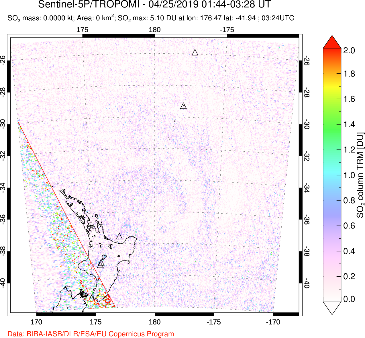 A sulfur dioxide image over New Zealand on Apr 25, 2019.