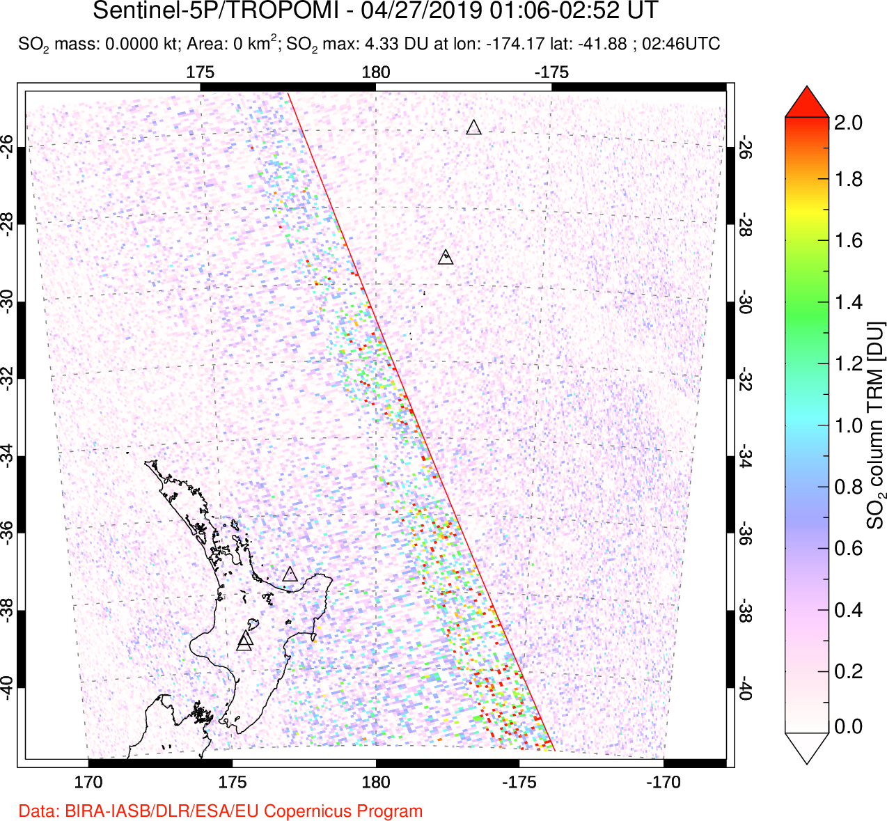 A sulfur dioxide image over New Zealand on Apr 27, 2019.