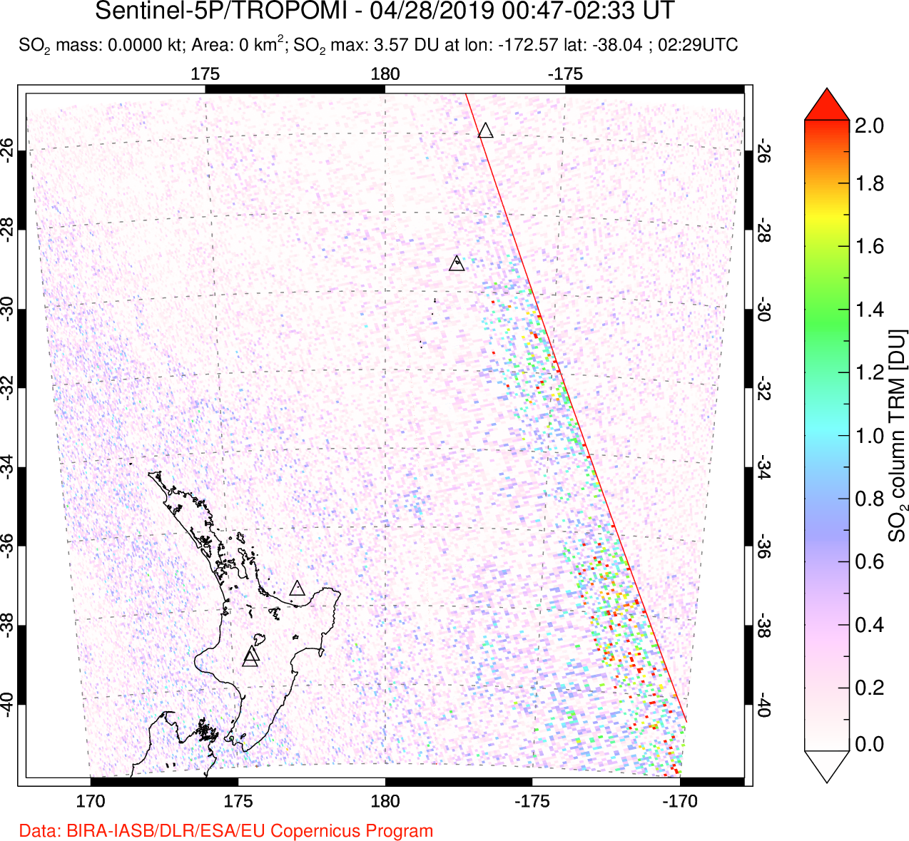 A sulfur dioxide image over New Zealand on Apr 28, 2019.