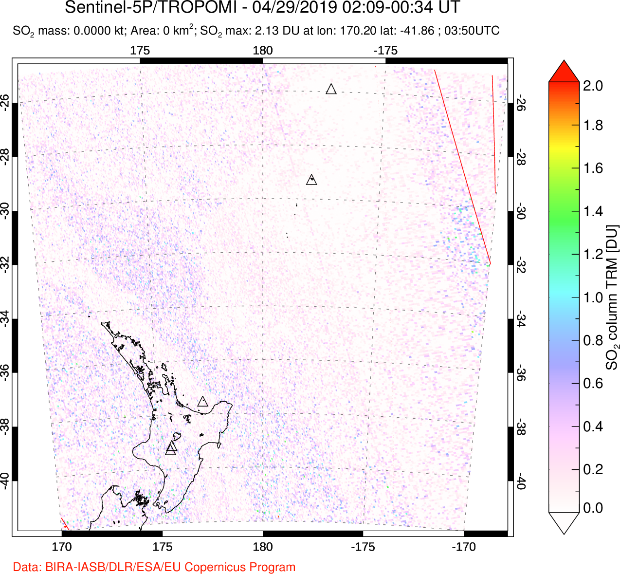 A sulfur dioxide image over New Zealand on Apr 29, 2019.
