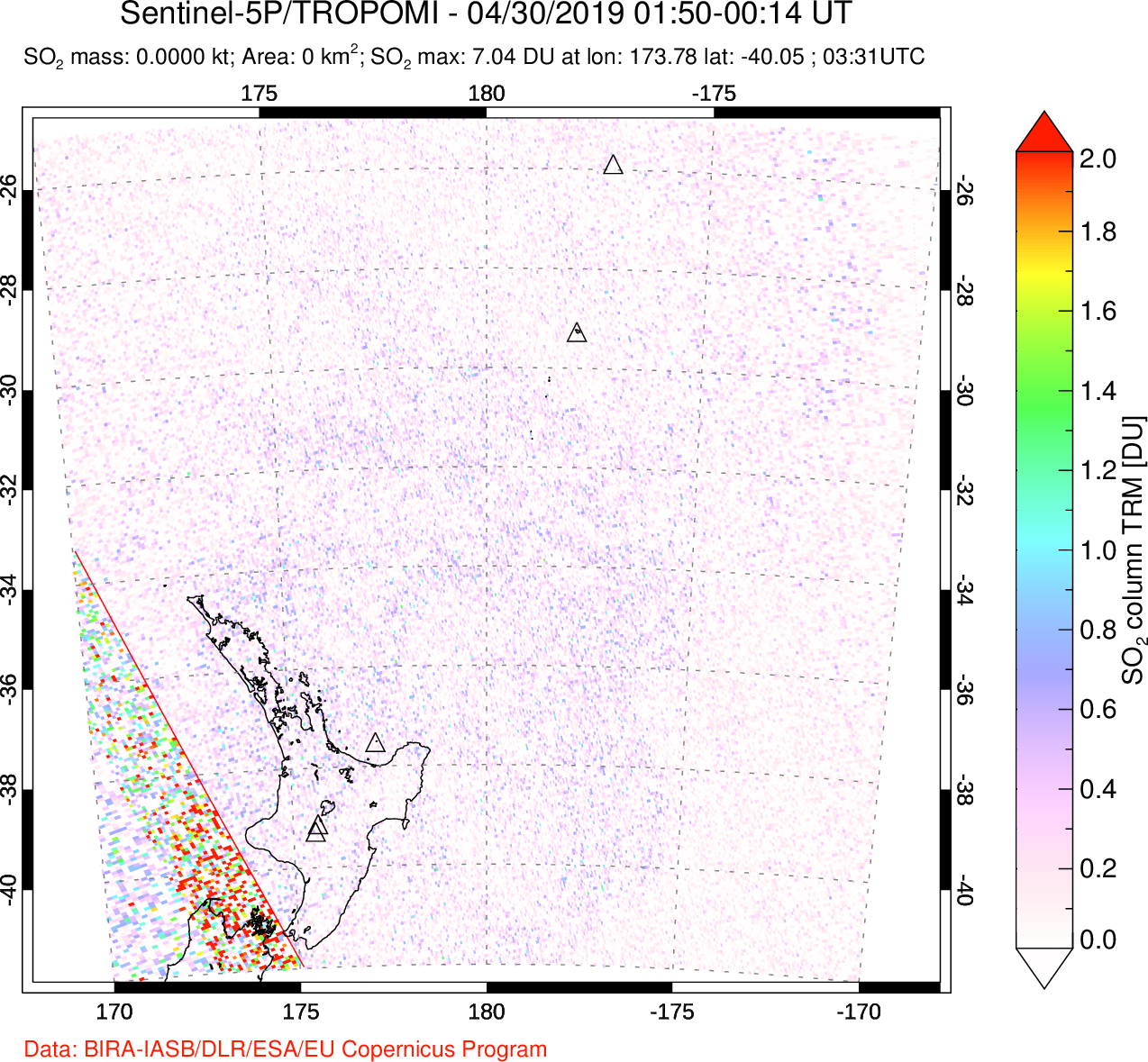 A sulfur dioxide image over New Zealand on Apr 30, 2019.