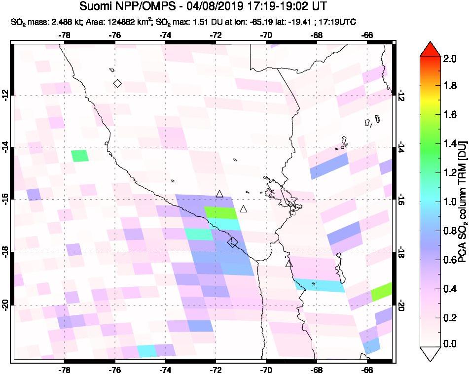 A sulfur dioxide image over Peru on Apr 08, 2019.