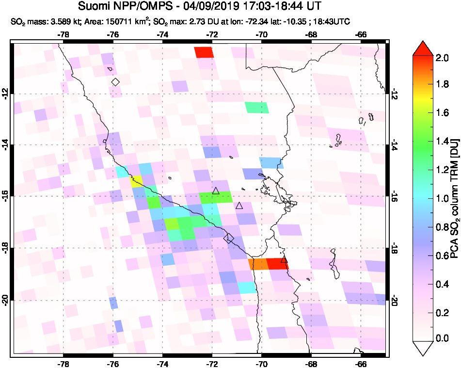A sulfur dioxide image over Peru on Apr 09, 2019.