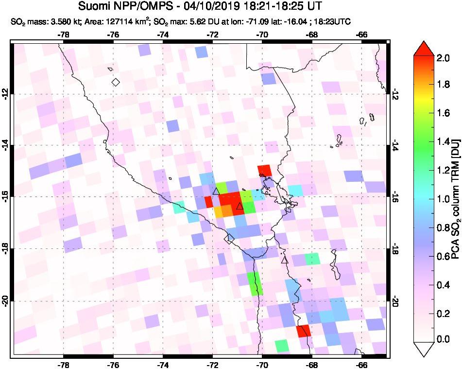 A sulfur dioxide image over Peru on Apr 10, 2019.