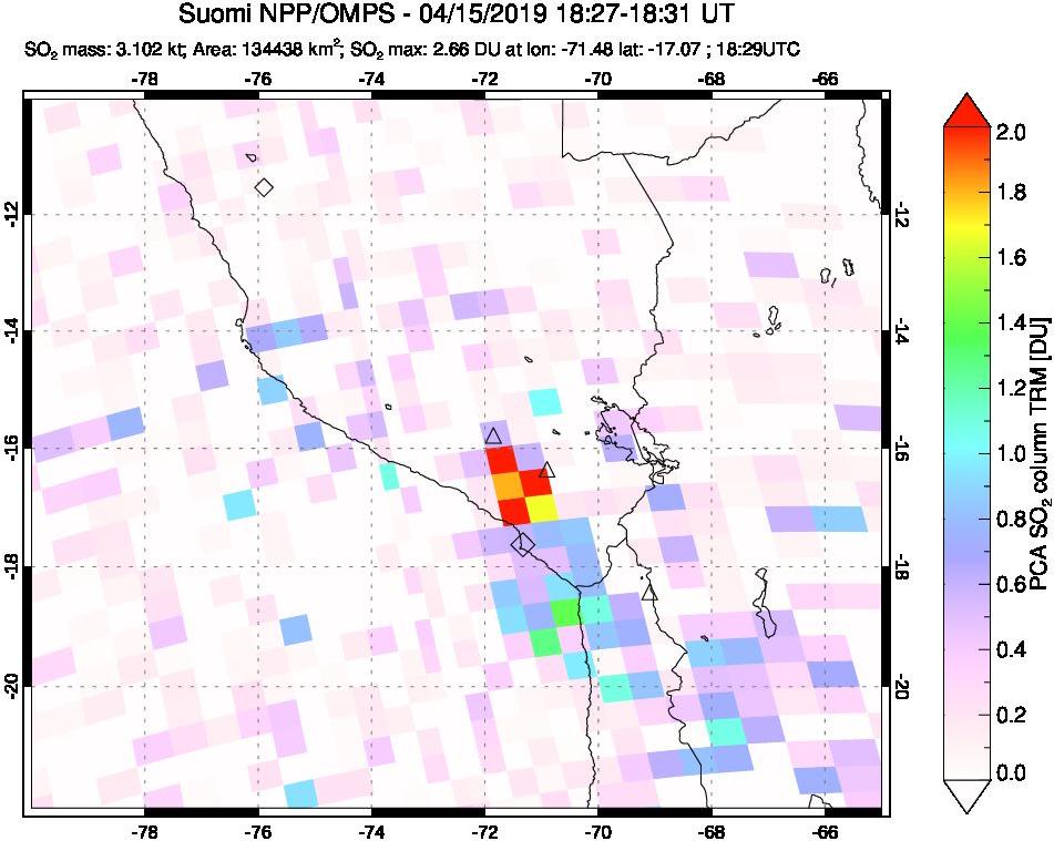 A sulfur dioxide image over Peru on Apr 15, 2019.