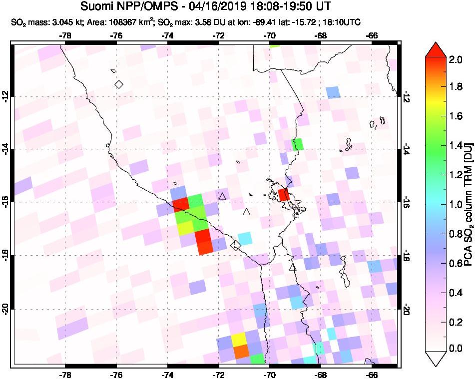 A sulfur dioxide image over Peru on Apr 16, 2019.