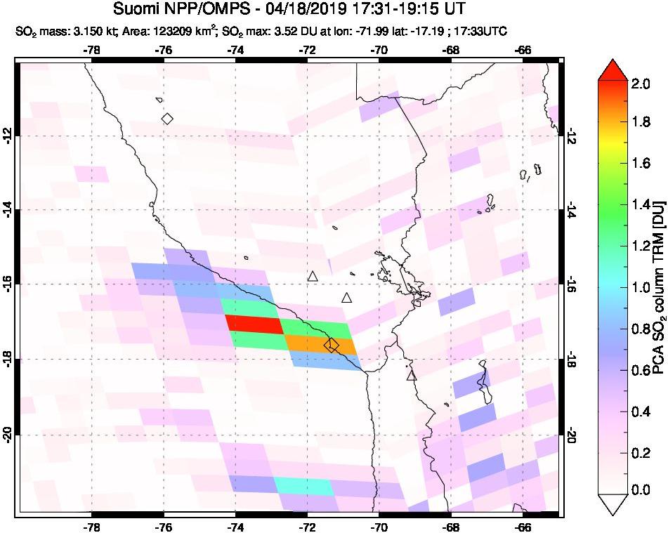 A sulfur dioxide image over Peru on Apr 18, 2019.