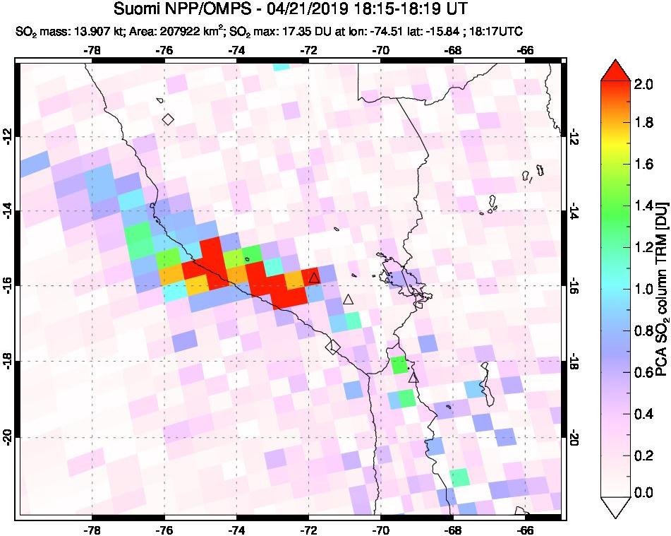 A sulfur dioxide image over Peru on Apr 21, 2019.