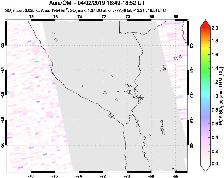 A sulfur dioxide image over Peru on Apr 02, 2019.