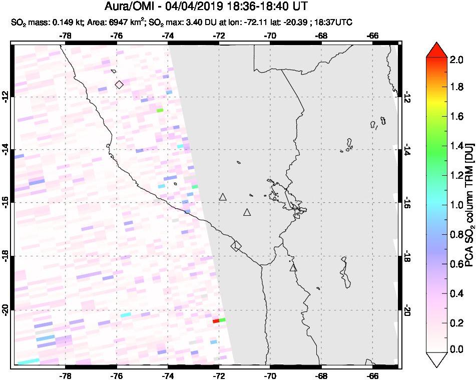 A sulfur dioxide image over Peru on Apr 04, 2019.
