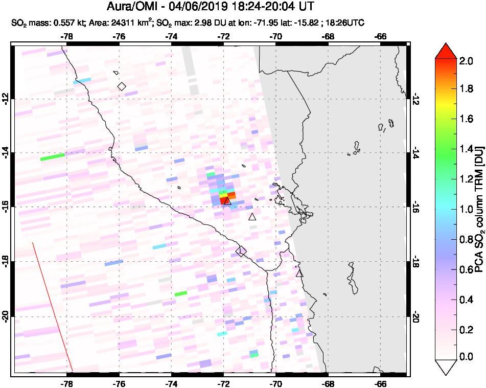 A sulfur dioxide image over Peru on Apr 06, 2019.