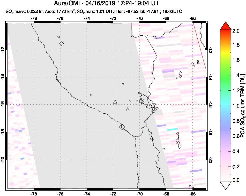 A sulfur dioxide image over Peru on Apr 16, 2019.