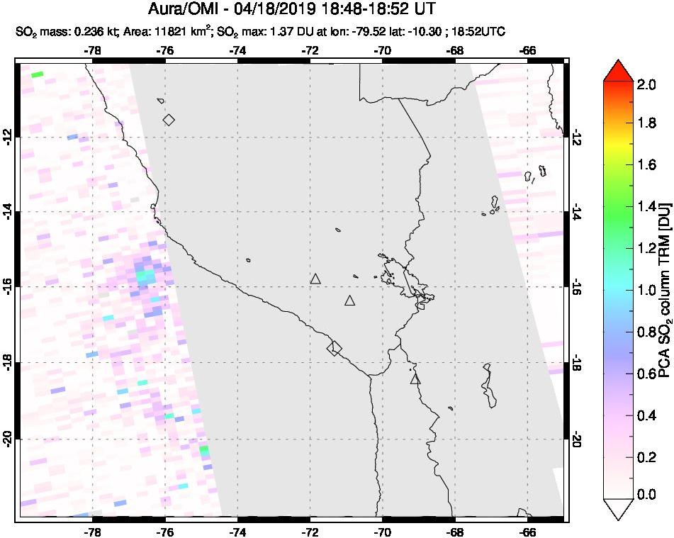 A sulfur dioxide image over Peru on Apr 18, 2019.