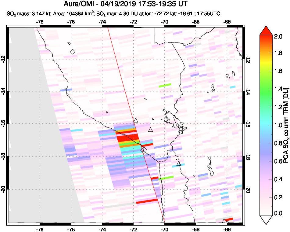 A sulfur dioxide image over Peru on Apr 19, 2019.