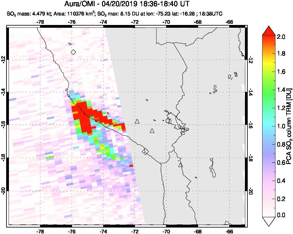 A sulfur dioxide image over Peru on Apr 20, 2019.