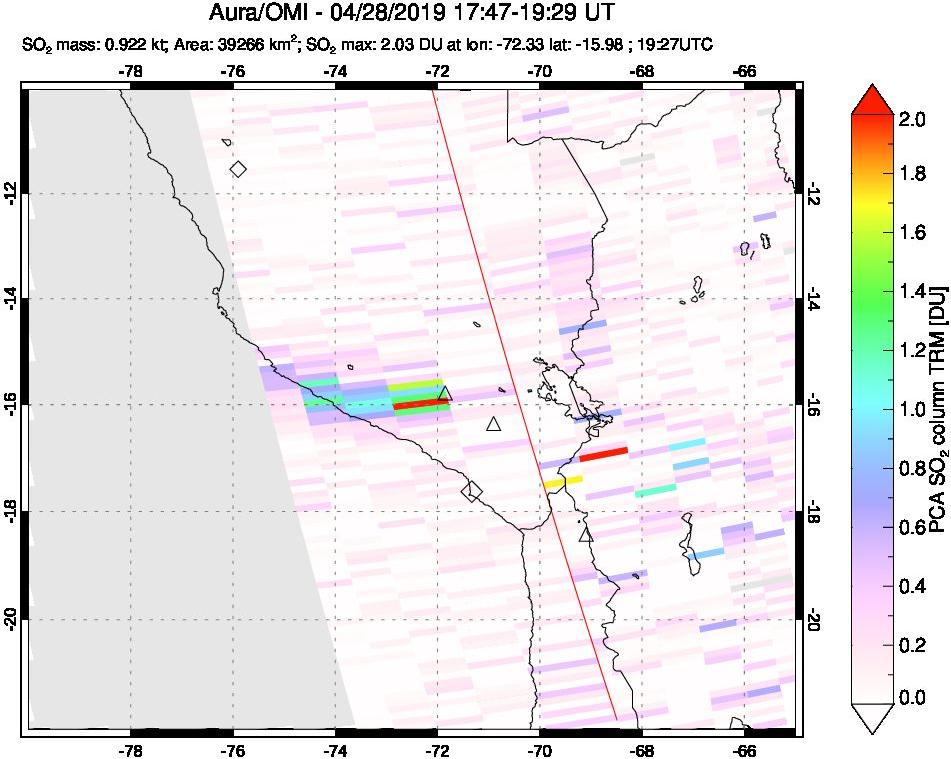 A sulfur dioxide image over Peru on Apr 28, 2019.