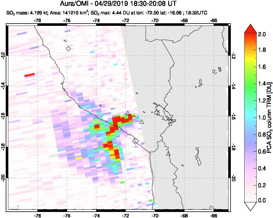 A sulfur dioxide image over Peru on Apr 29, 2019.