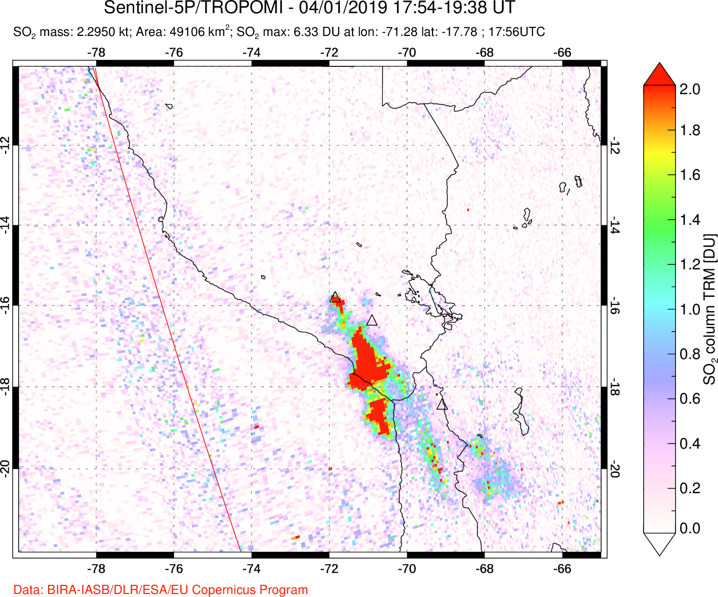 A sulfur dioxide image over Peru on Apr 01, 2019.