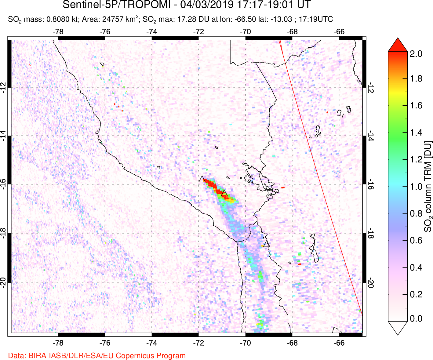 A sulfur dioxide image over Peru on Apr 03, 2019.