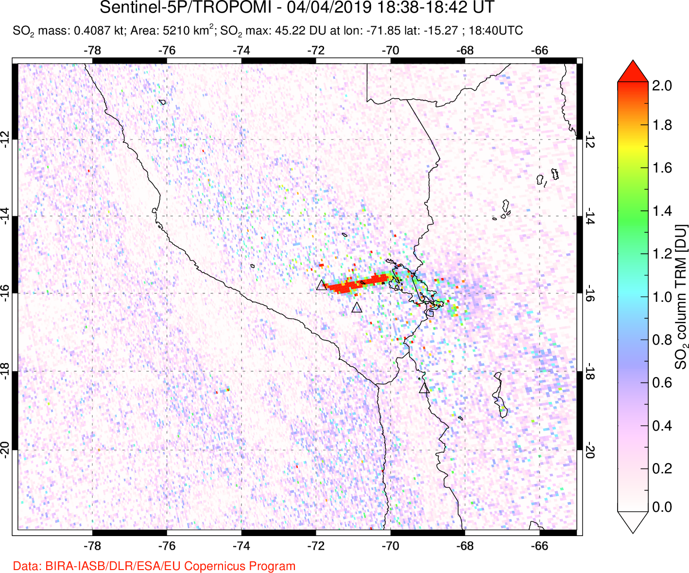 A sulfur dioxide image over Peru on Apr 04, 2019.