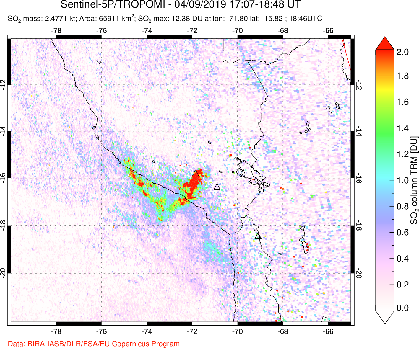 A sulfur dioxide image over Peru on Apr 09, 2019.