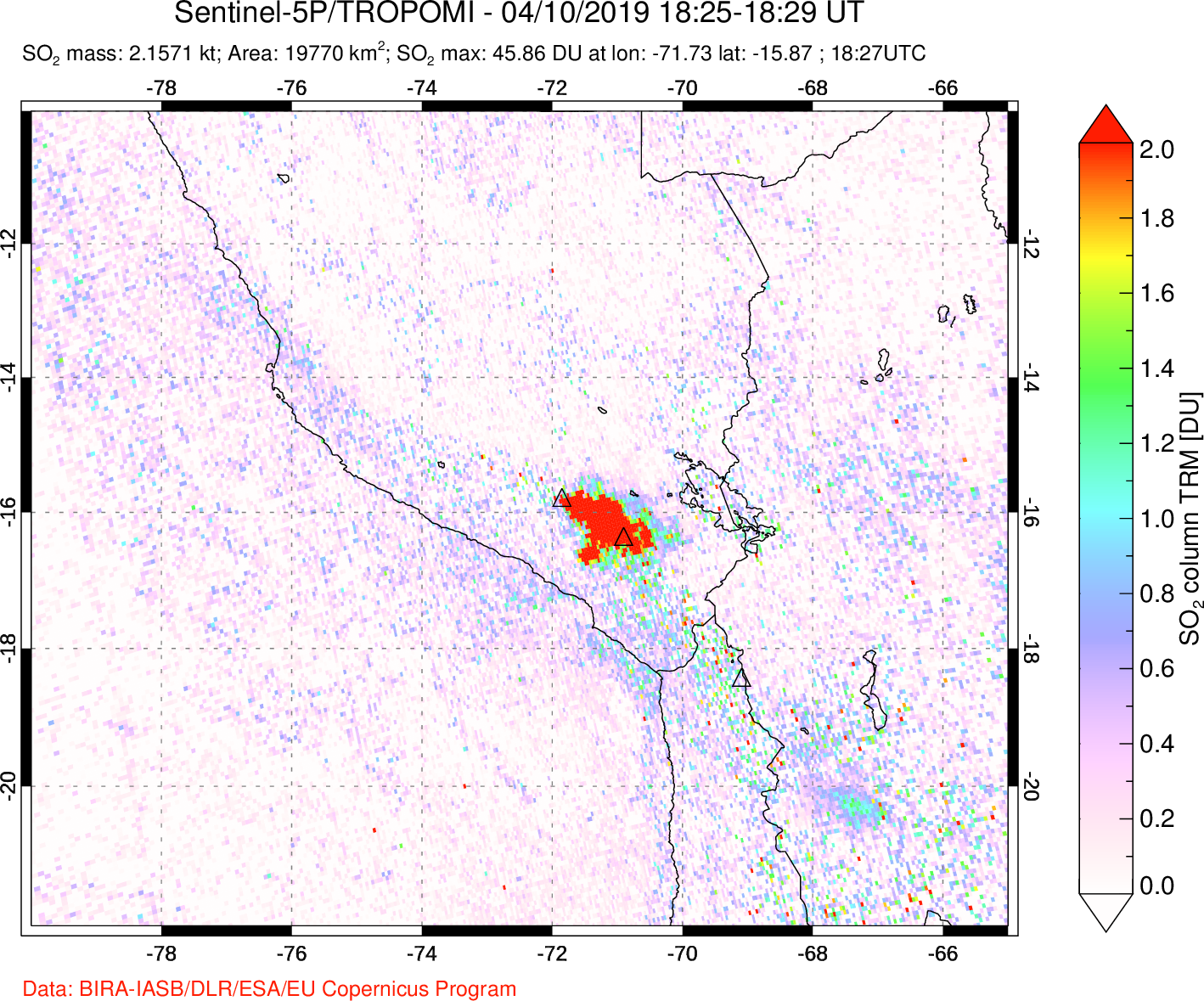 A sulfur dioxide image over Peru on Apr 10, 2019.