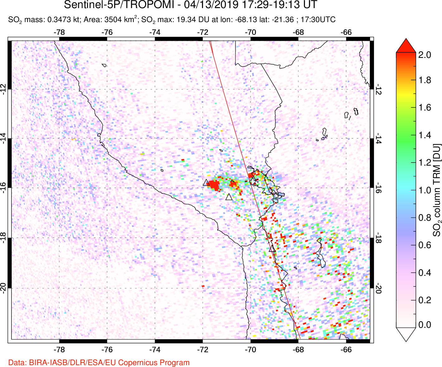 A sulfur dioxide image over Peru on Apr 13, 2019.