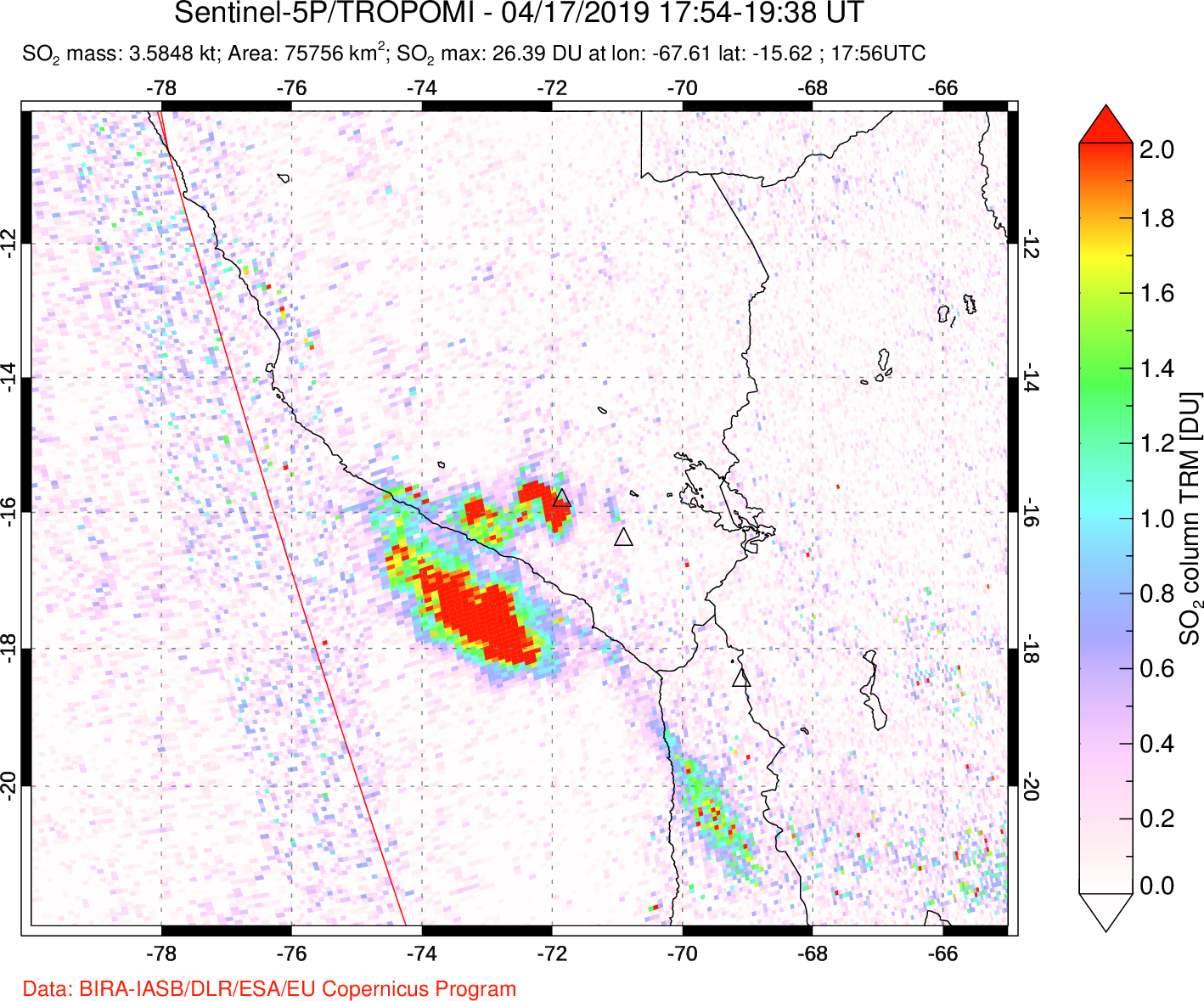 A sulfur dioxide image over Peru on Apr 17, 2019.